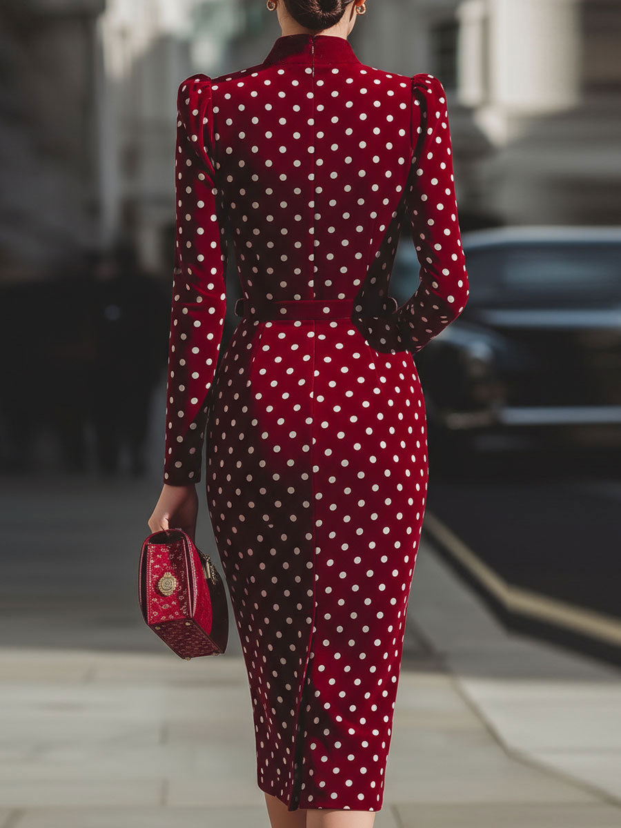 Vintage Polka Dot Velour Midi Dress