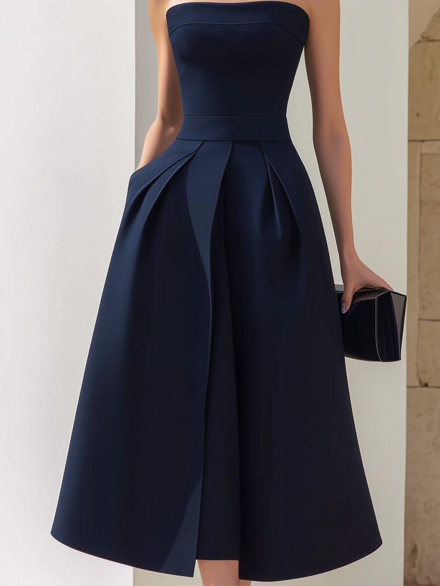 A-line, strapless midi dress with pleats