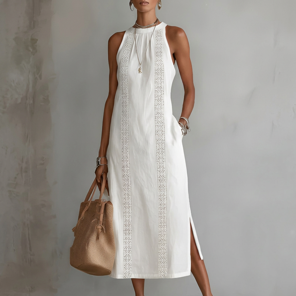 Andrea - Canvas Midi Dress with Mao Collar