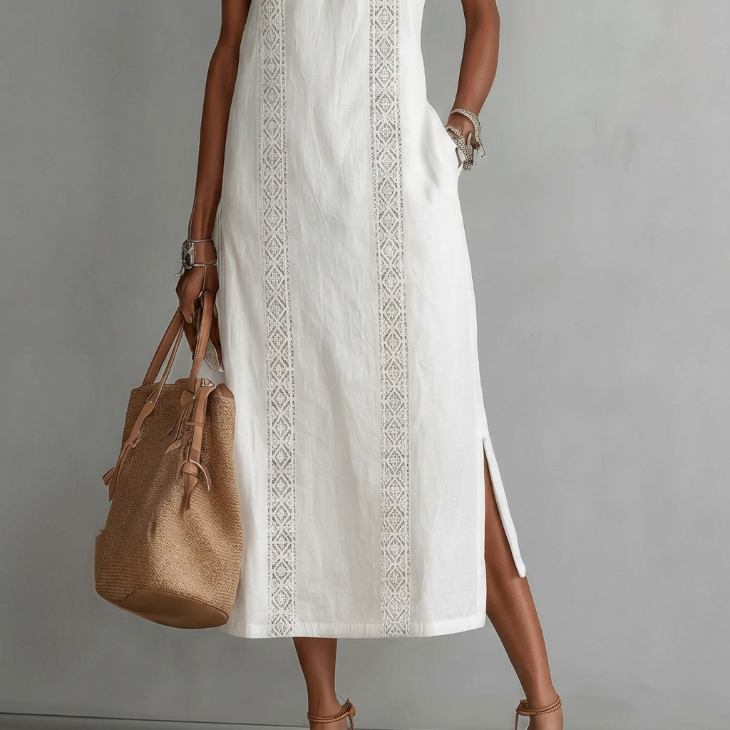 Andrea - Canvas Midi Dress with Mao Collar