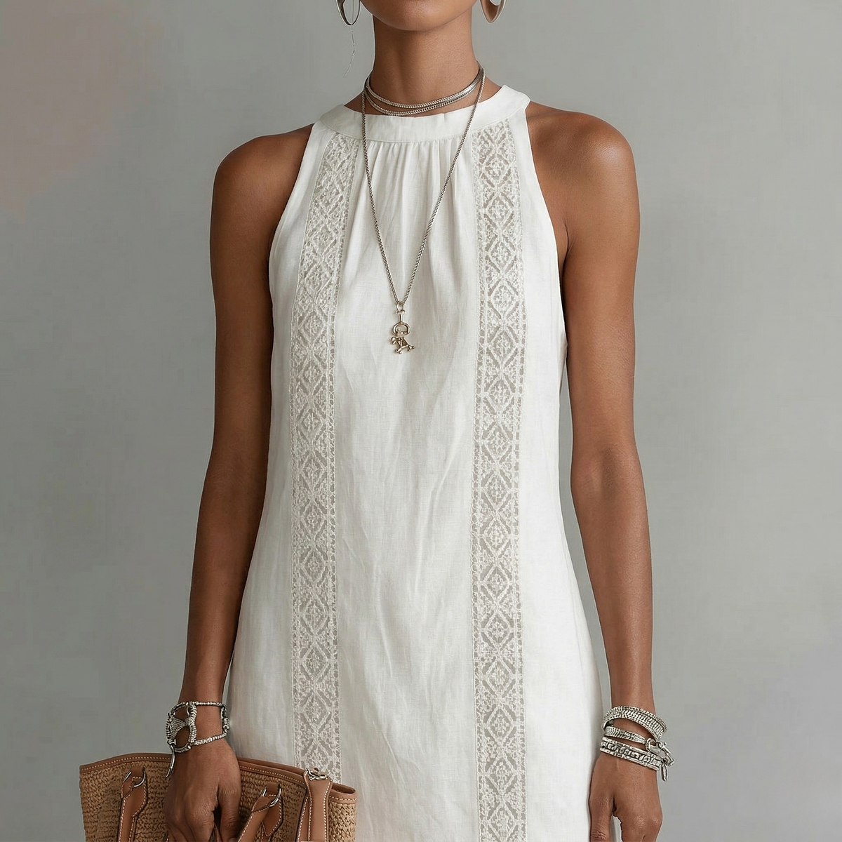 Andrea - Canvas Midi Dress with Mao Collar