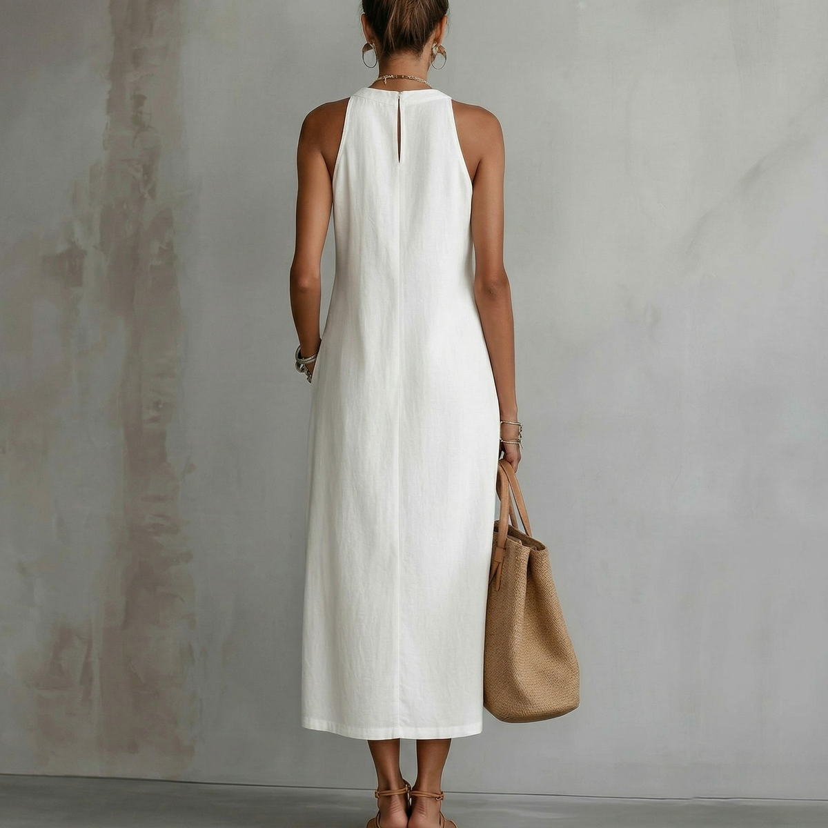 Andrea - Canvas Midi Dress with Mao Collar