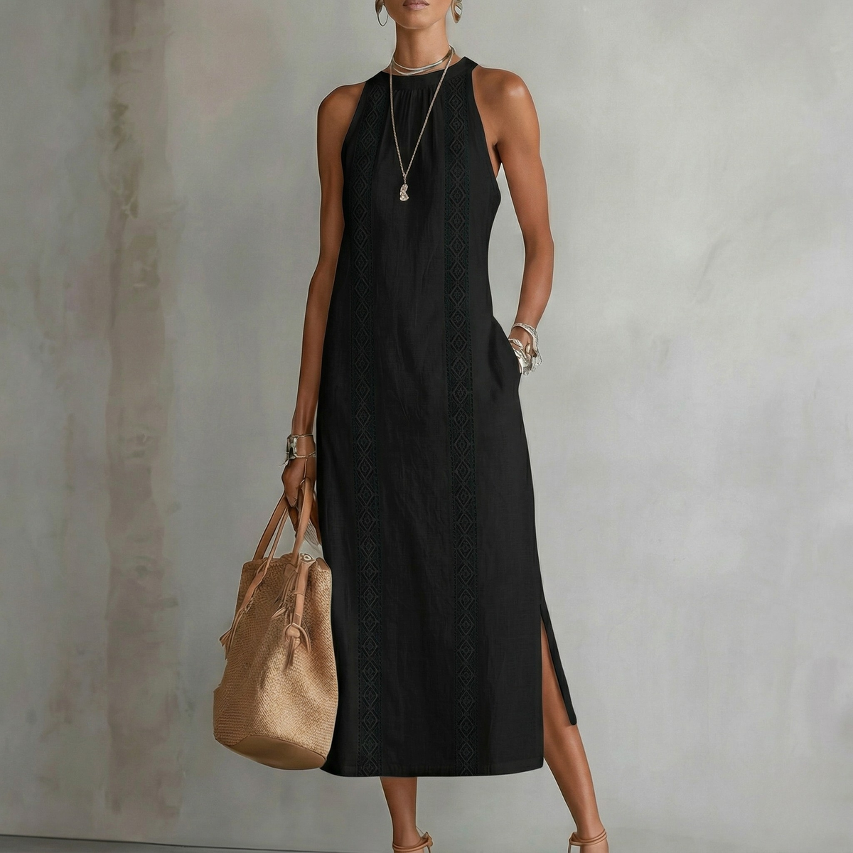 Andrea - Canvas Midi Dress with Mao Collar