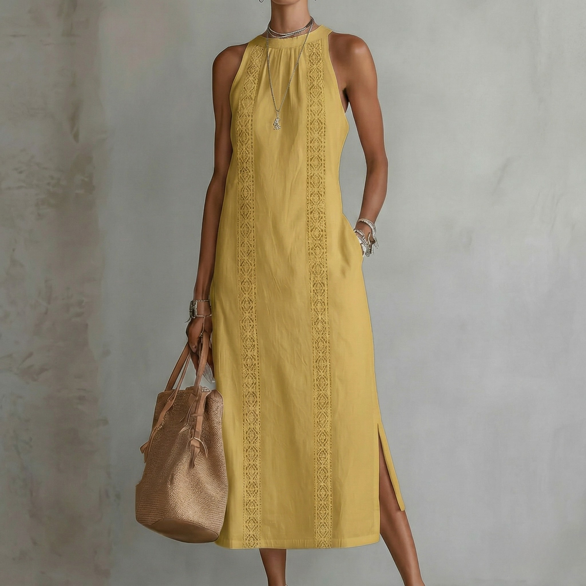 Andrea - Canvas Midi Dress with Mao Collar