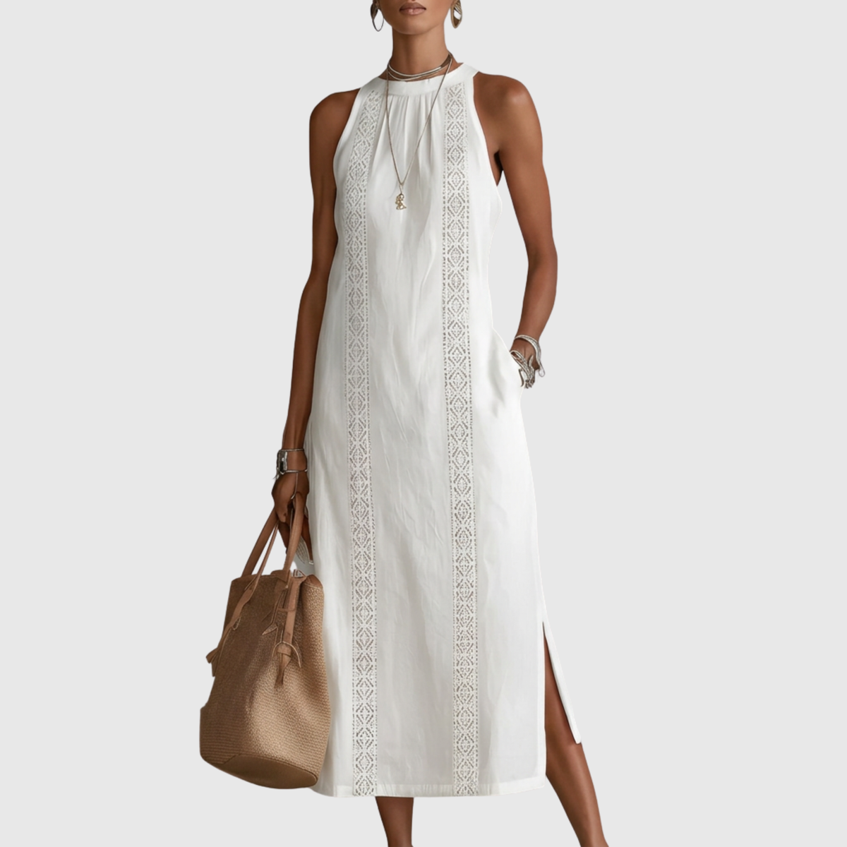 Andrea - Canvas Midi Dress with Mao Collar