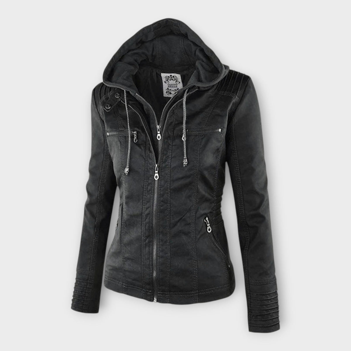 Modern leather jacket with hood and timeless design