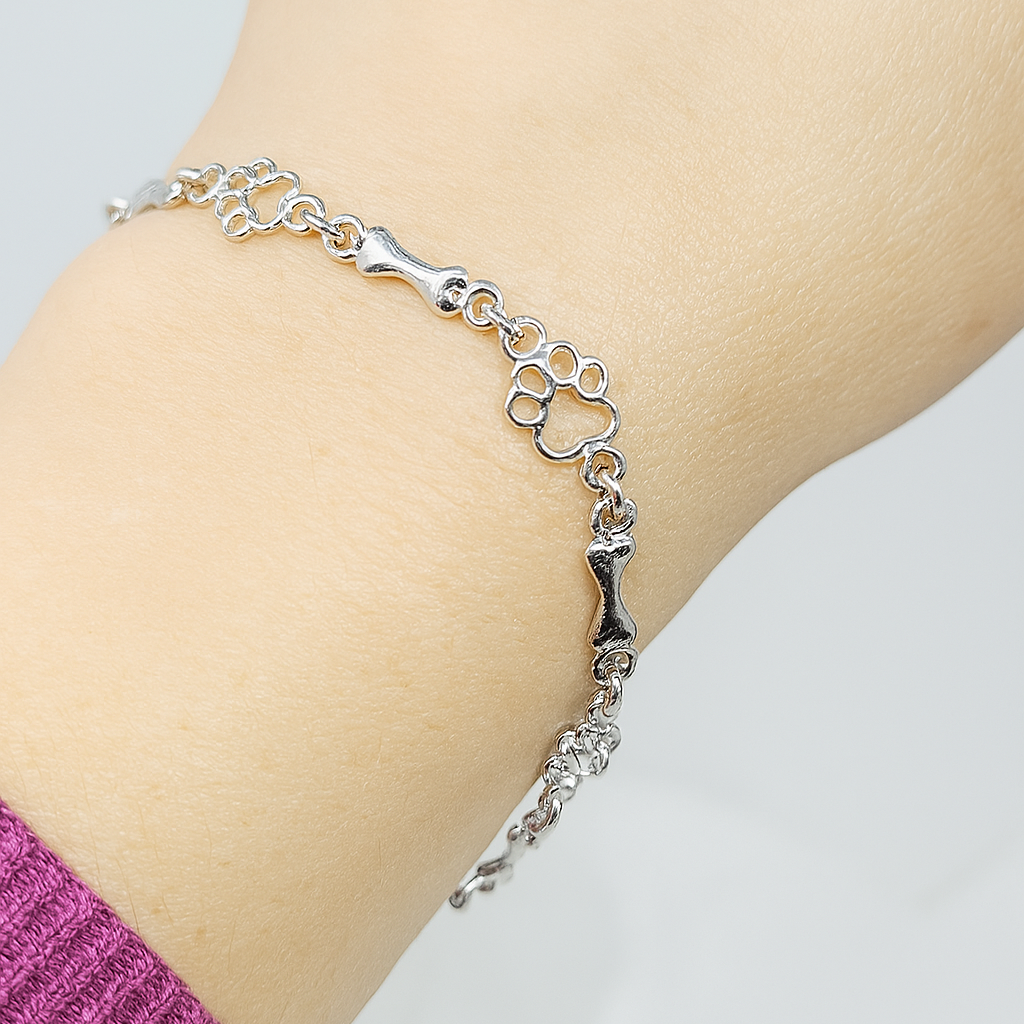Limited Edition Pure Silver Dog Paw and Bone Charm Bracelet