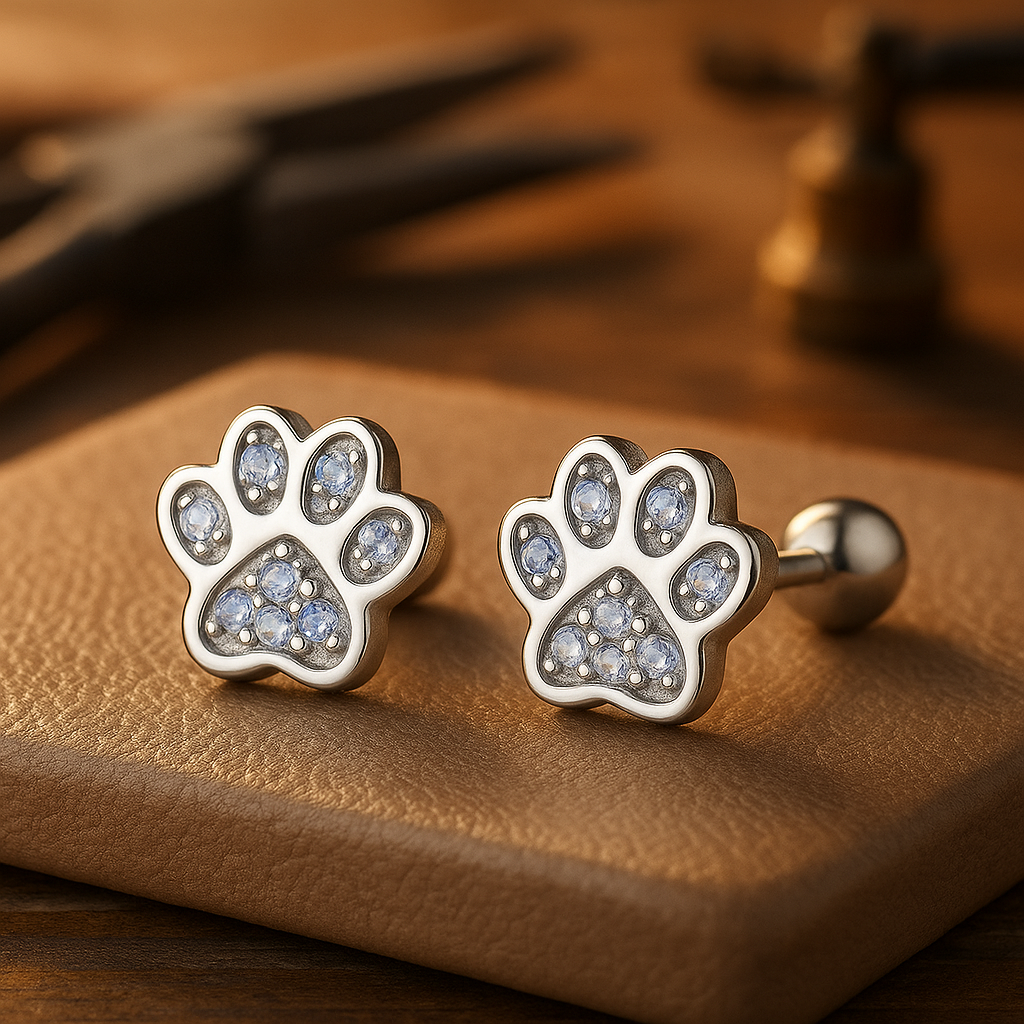 Sterling Silver Paw Print Stud Earrings - With Crystal Accents