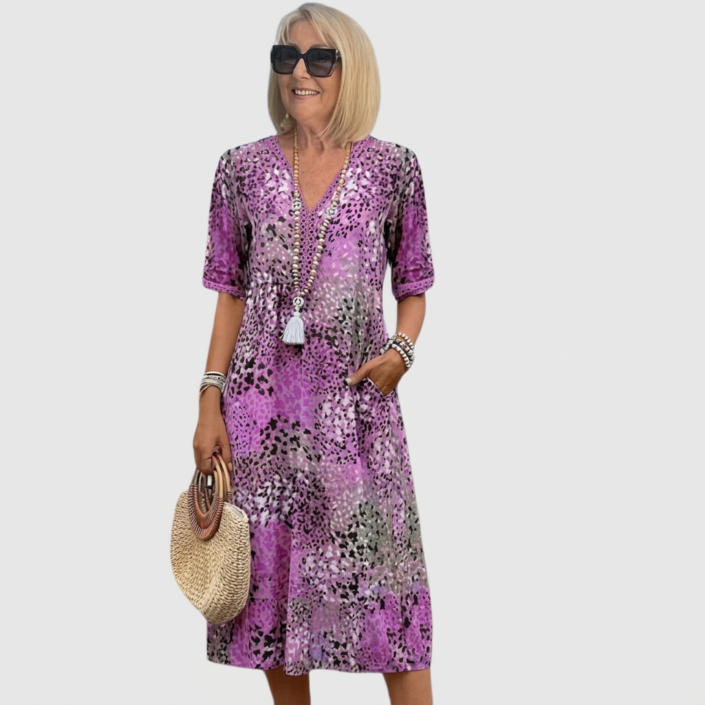Ilona - Women's patterned midi dress with short sleeves