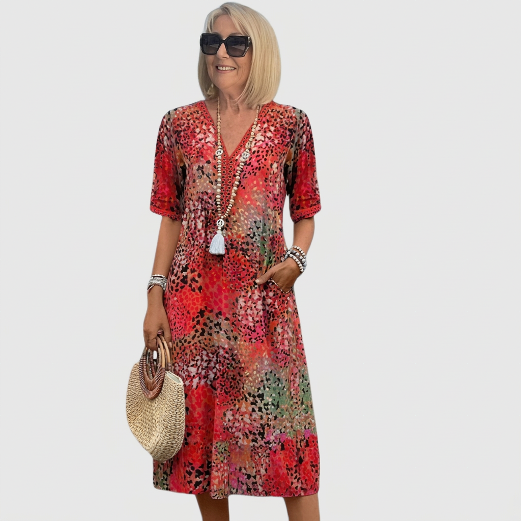 Ilona - Women's patterned midi dress with short sleeves