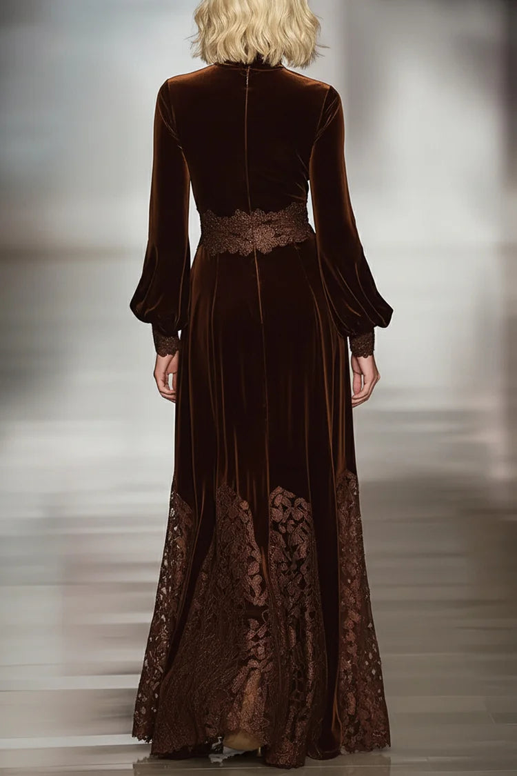 Beatrice | Maxi Velvet Dress with High Neck and Bubble Sleeves with Lace Patchwork