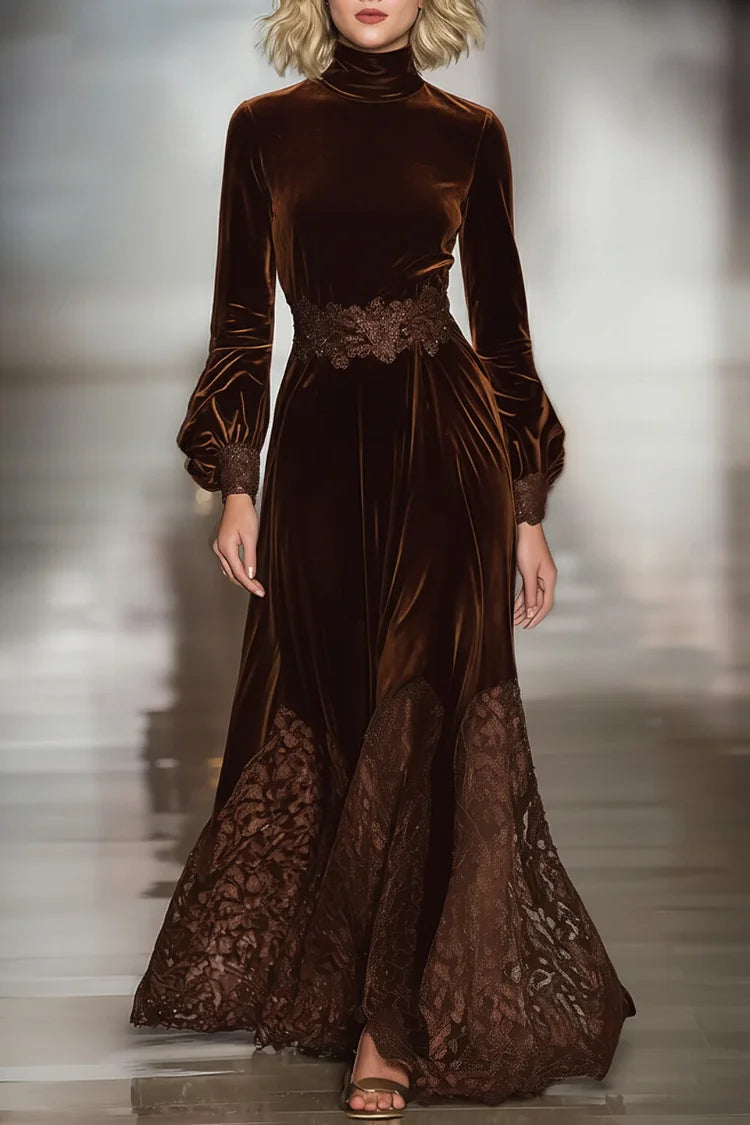 Beatrice | Maxi Velvet Dress with High Neck and Bubble Sleeves with Lace Patchwork