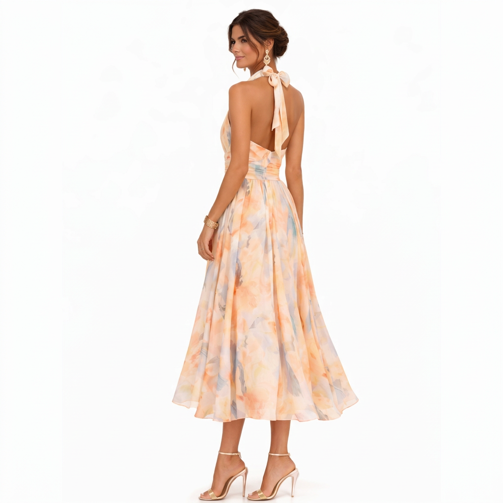 Monika – Virágos Halter Midi Ruha