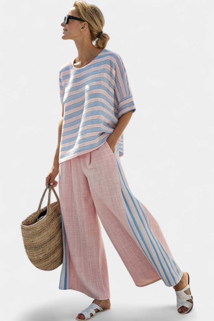 Bamboo Linen Set Daisy Mediterranean, with delicate pink and elegant blue stripes