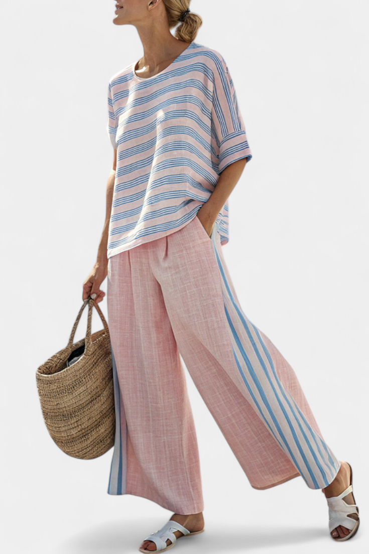 Bamboo Linen Set Daisy Mediterranean, with delicate pink and elegant blue stripes
