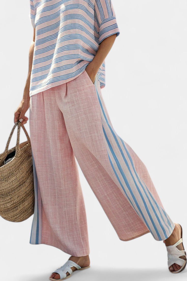 Bamboo Linen Set Daisy Mediterranean, with delicate pink and elegant blue stripes