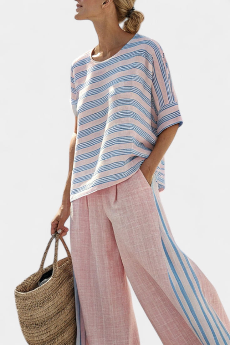 Bamboo Linen Set Daisy Mediterranean, with delicate pink and elegant blue stripes