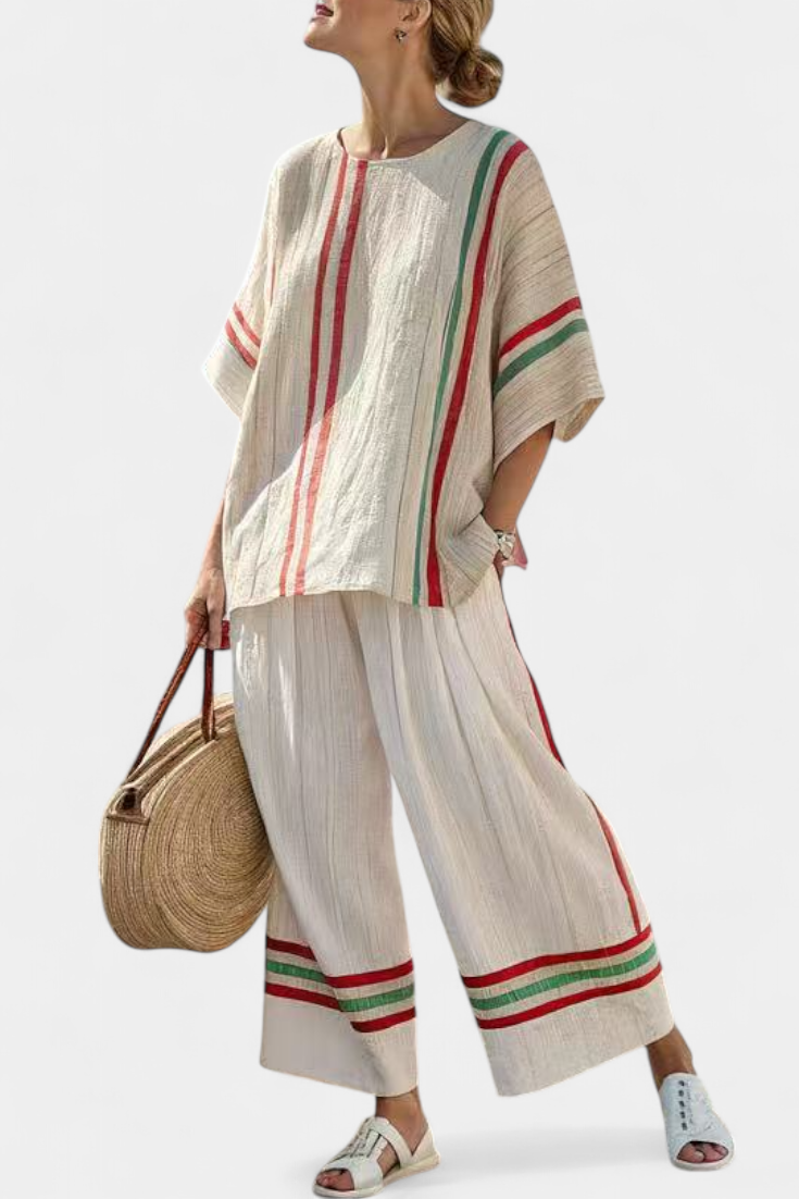 Mediterranean Laika set made of bamboo canvas with elegant red and green stripes