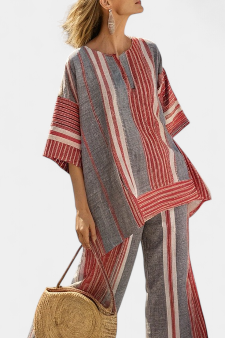 Large Daisy Combination Dress in Linen with Red Coral and Grey Stripes, Modern and Comfortable Style