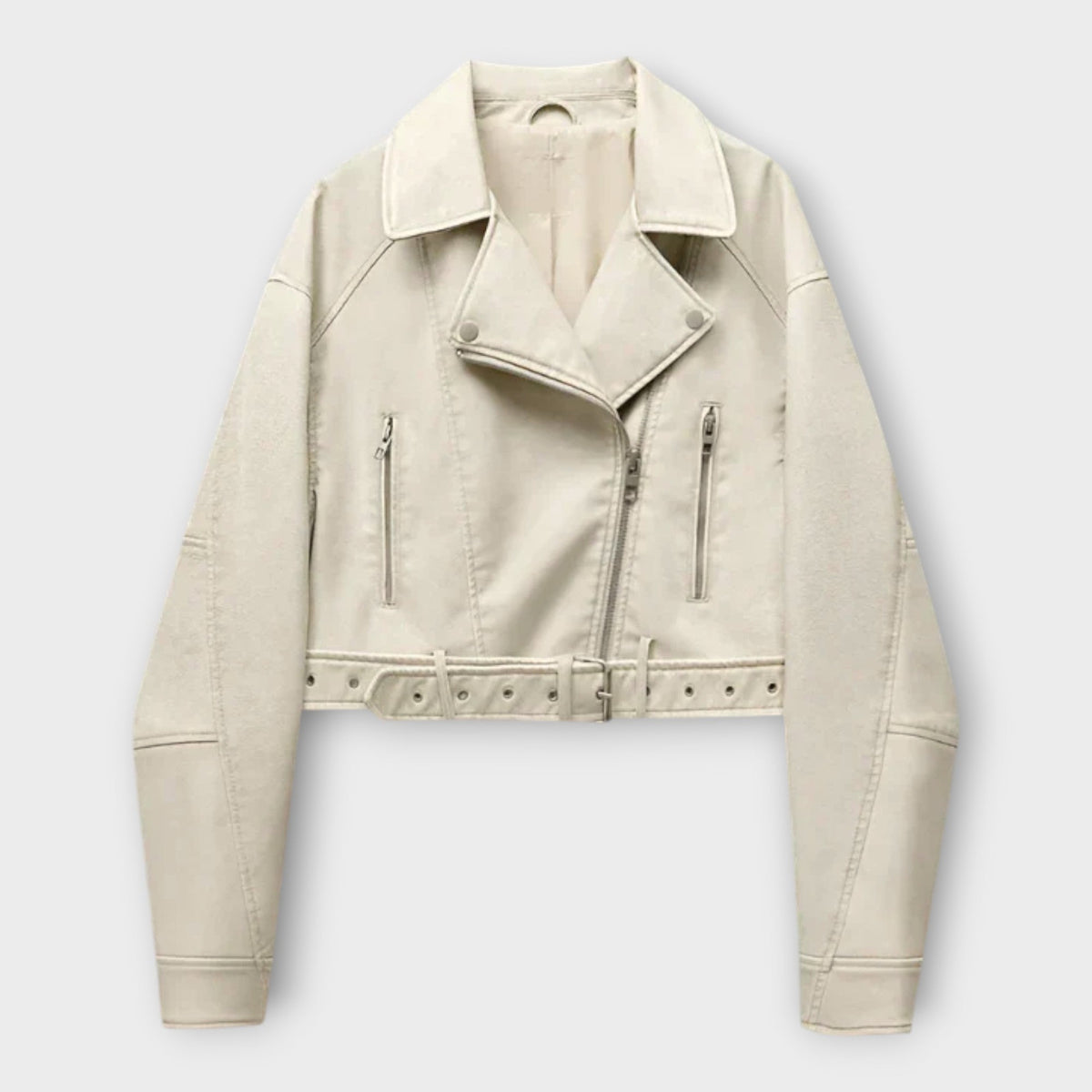 Modern Short Leather Jacket with Belt and Subtle Aesthetics