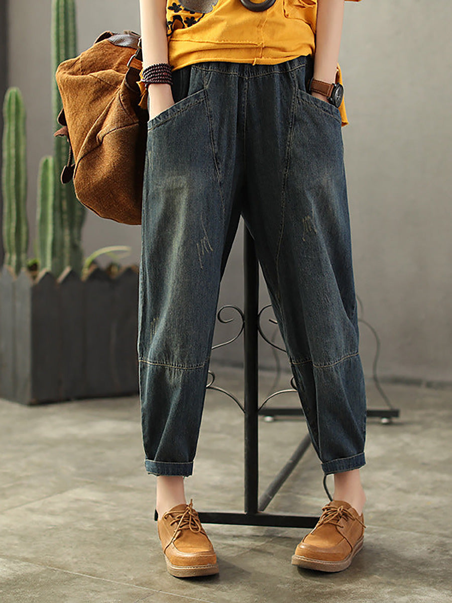 Vintage, laza szabású, koptatott farmernadrág gumis derékkal | Plus Size