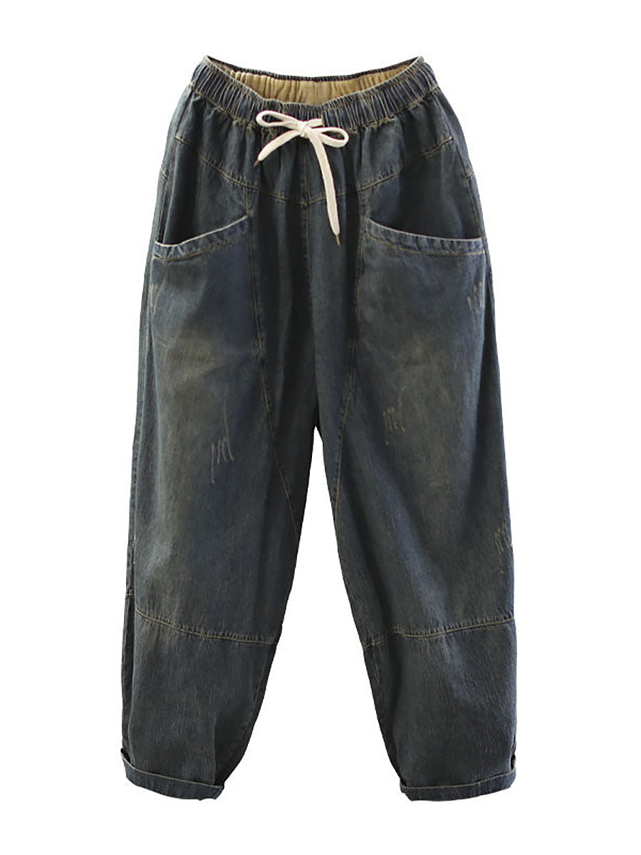 Vintage, laza szabású, koptatott farmernadrág gumis derékkal | Plus Size