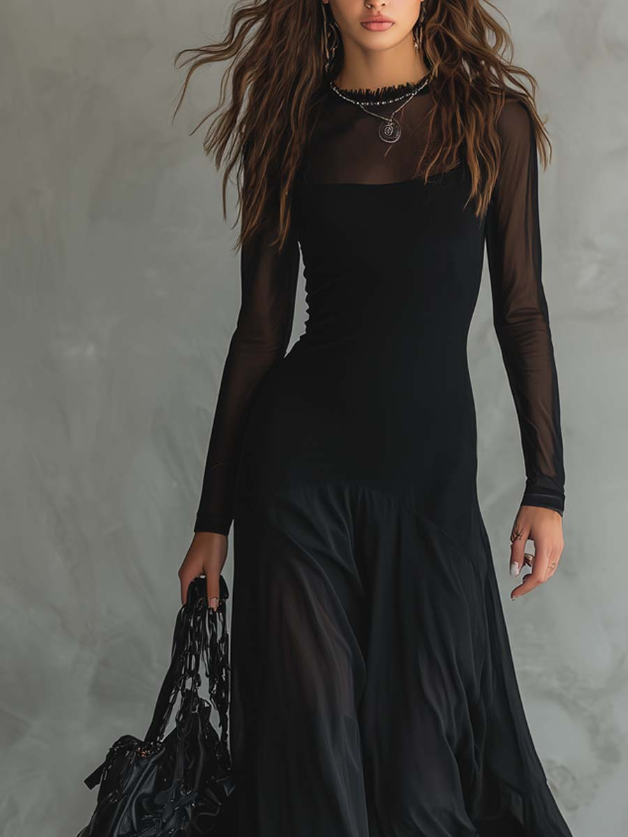 Mădălina | Fekete Tüll Maxi Loose-fit Ruha