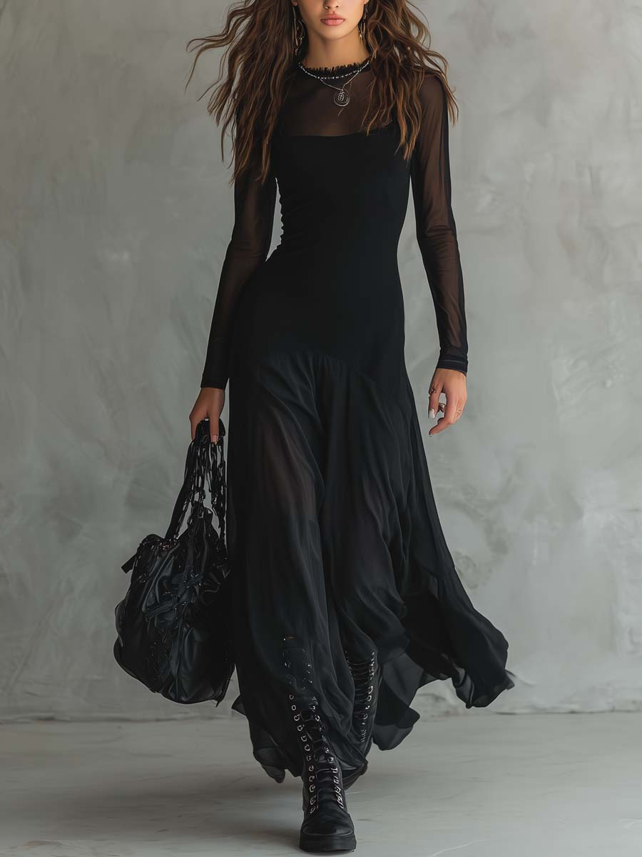 Mădălina | Fekete Tüll Maxi Loose-fit Ruha
