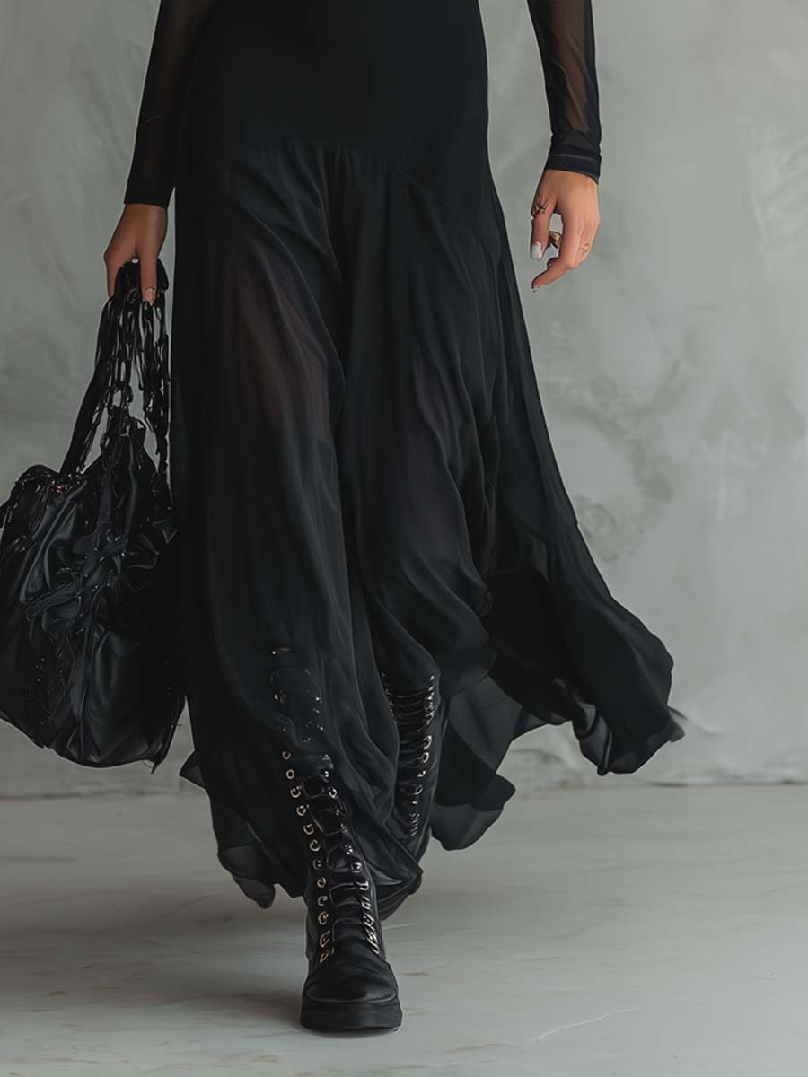 Mădălina | Fekete Tüll Maxi Loose-fit Ruha