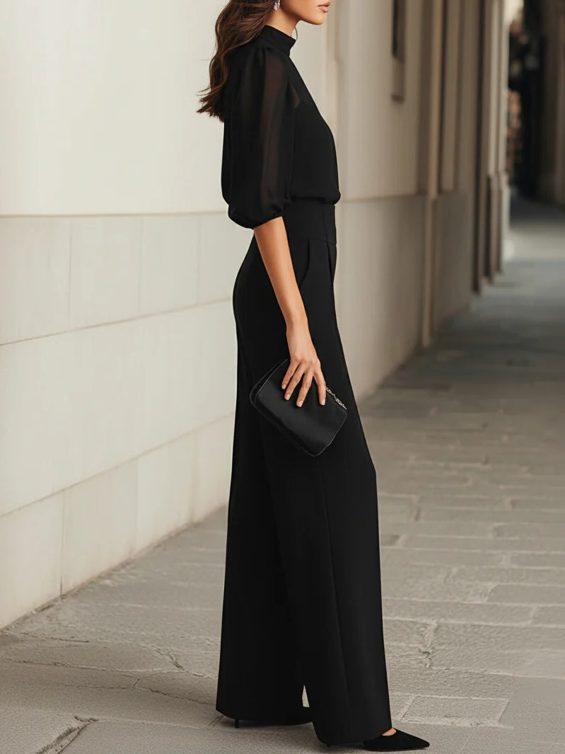 Nicole | Fekete Átlátszó Camisole Top és Bő Nadrág Háromrészes Szett