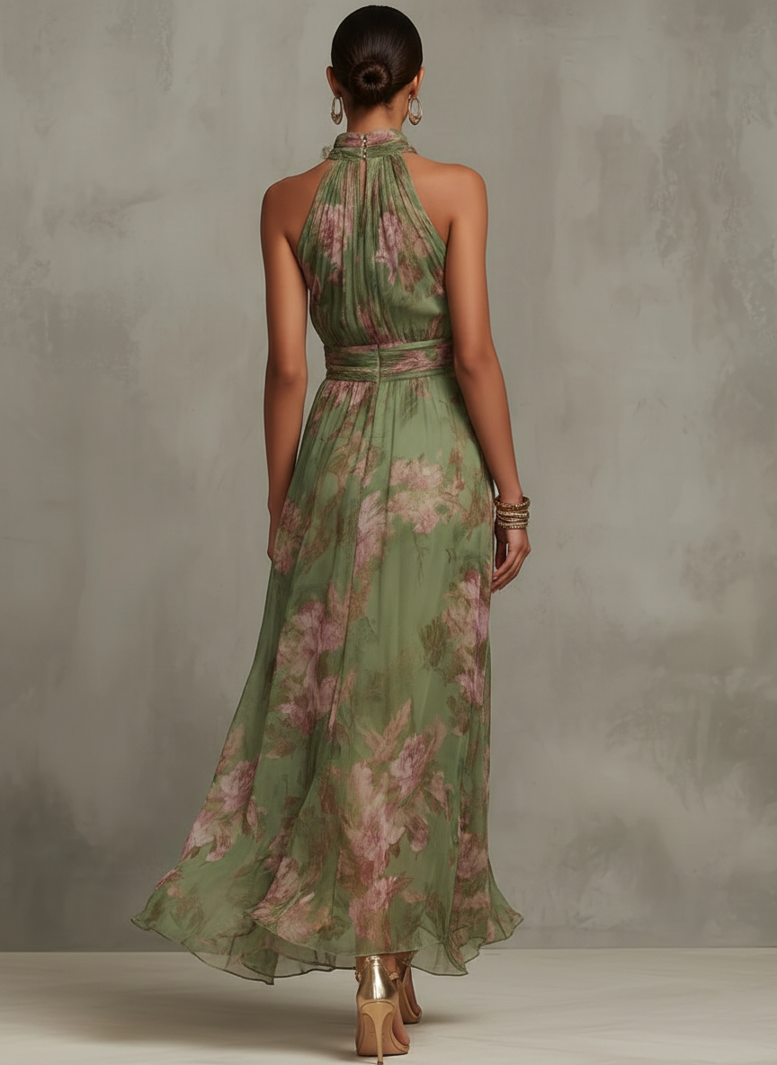 Florencia | Green Floral Maxi Halter Chiffon Dress