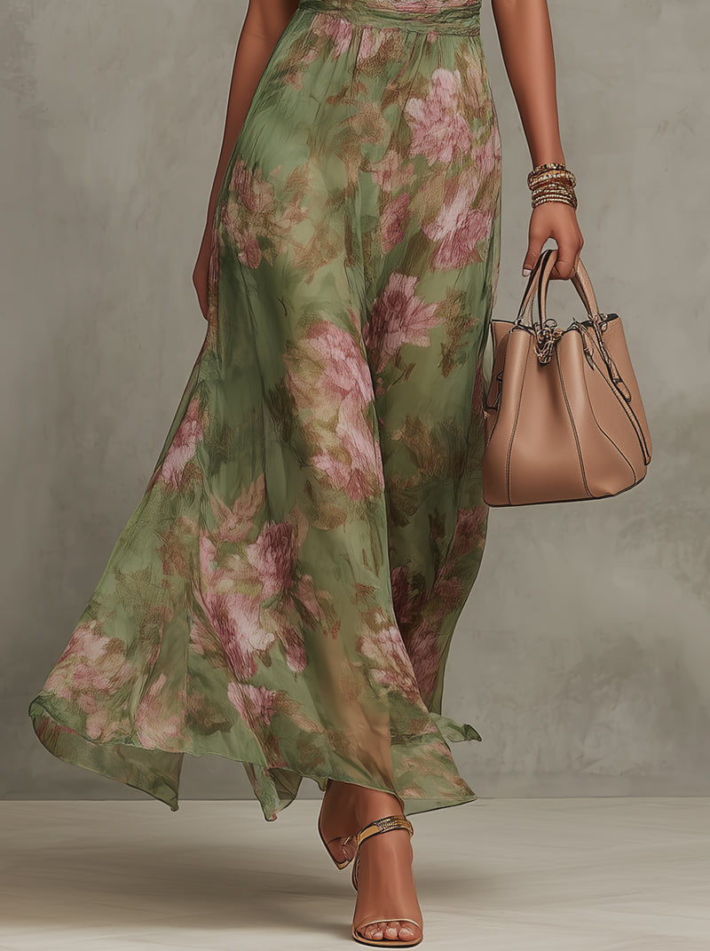 Florencia | Zöld Virágmintás Maxi Halter Chiffon Ruha