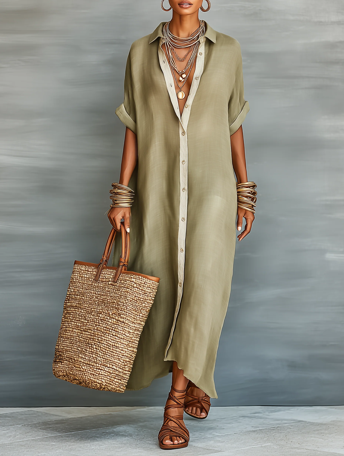 Manelle™ | Olive Green Maxi Dress with Minimalist Line