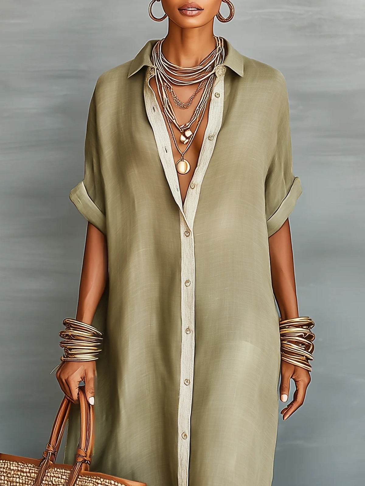 Manelle™ | Olive Green Maxi Dress with Minimalist Line