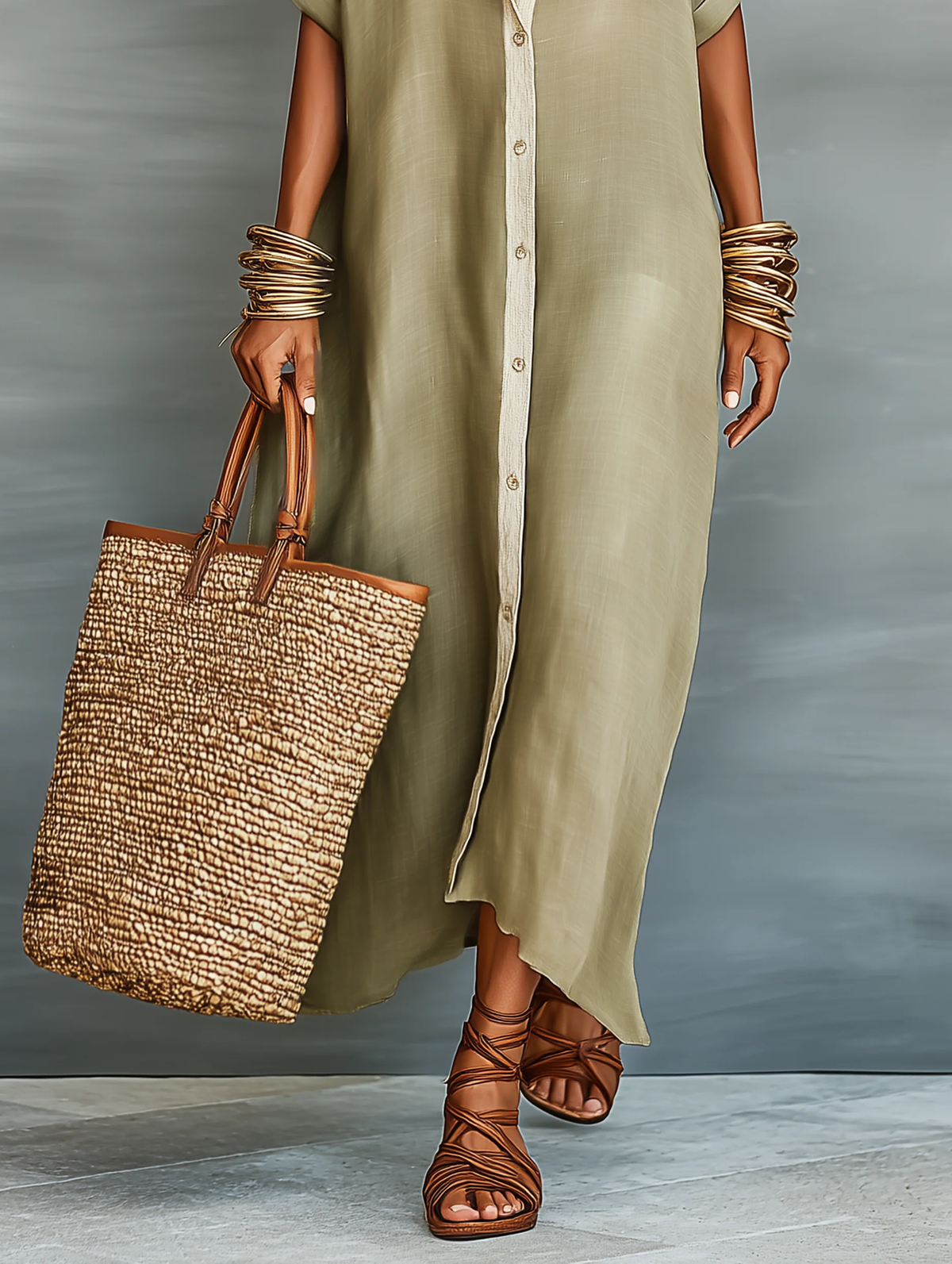 Manelle™ | Olive Green Maxi Dress with Minimalist Line