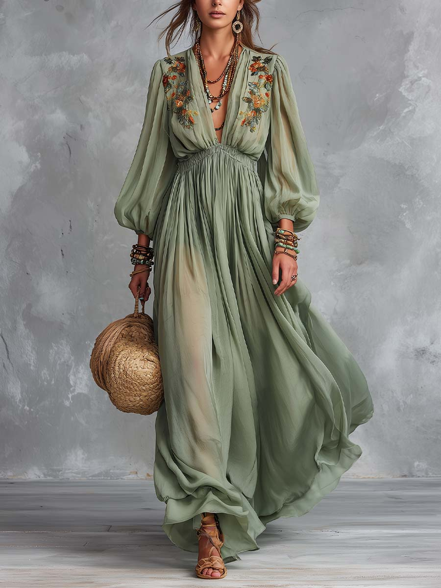 Élodine™ | Boho Maxi Dress with Floral Print