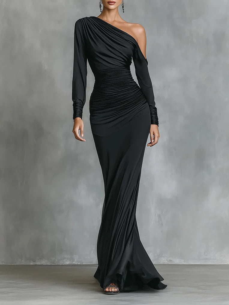 Célina™ | Selyem One-Shoulder Maxi Ruha Fekete Színben