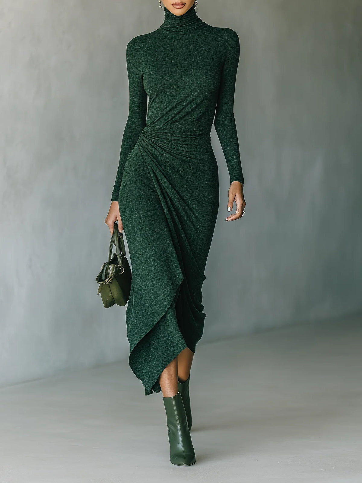 Felicia | Asymmetric midi dress with ruching and high neck, dark green