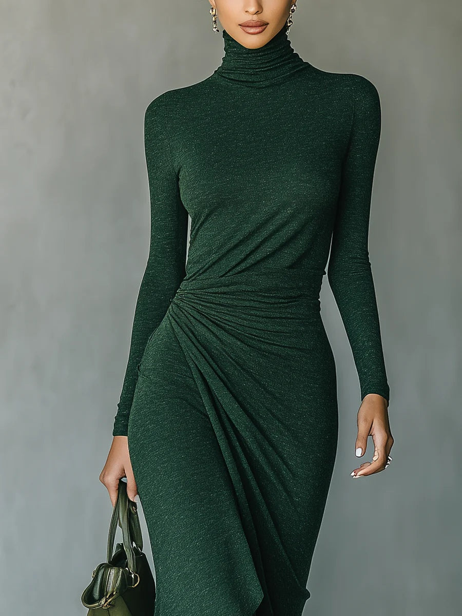 Felicia | Asymmetric midi dress with ruching and high neck, dark green