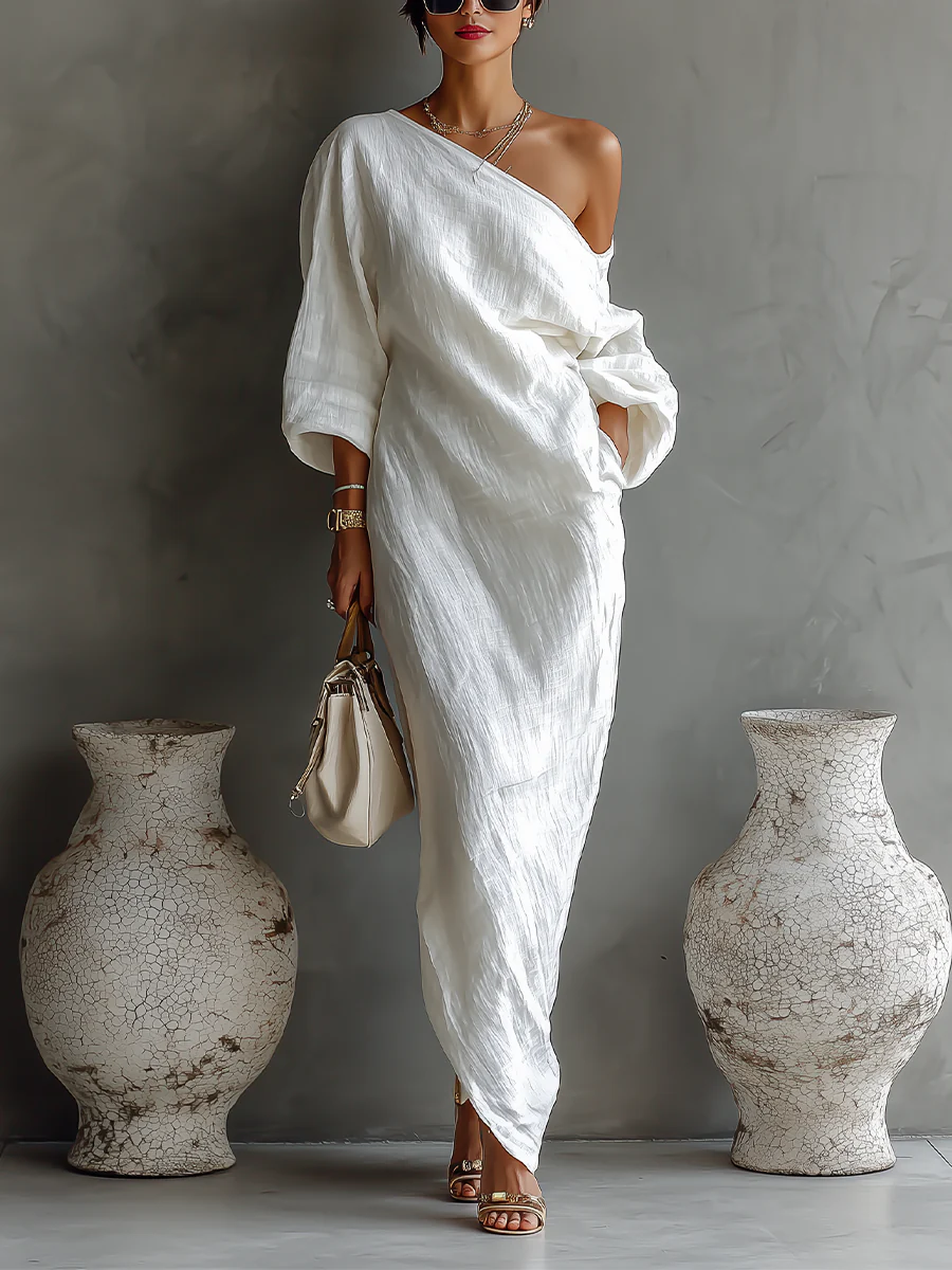 Elise™ | Elegáns Egyszerű Vállú Maxi Ruha Fehérben