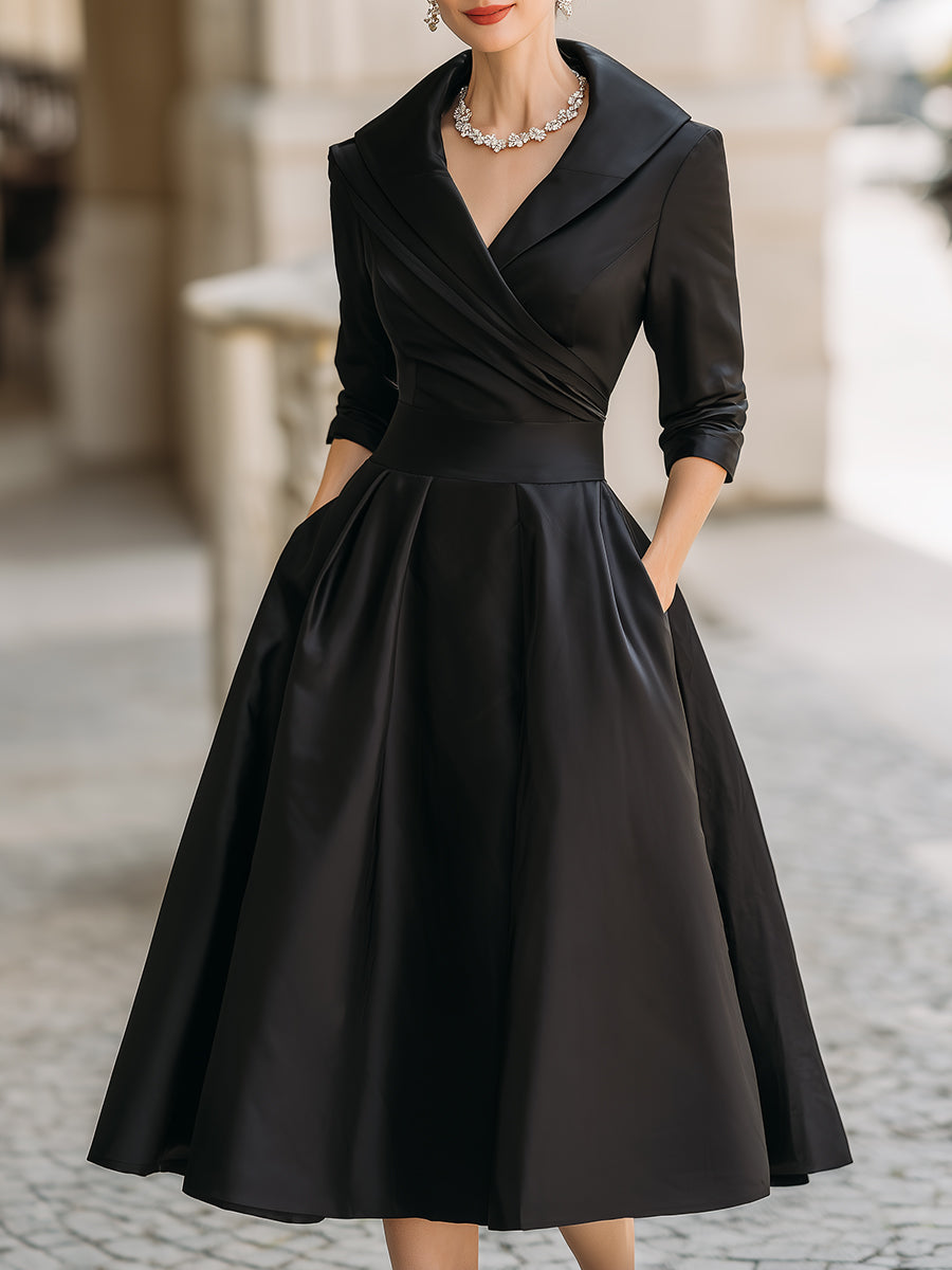Vintage Style Satin Midi Dress with Ruched Collar
