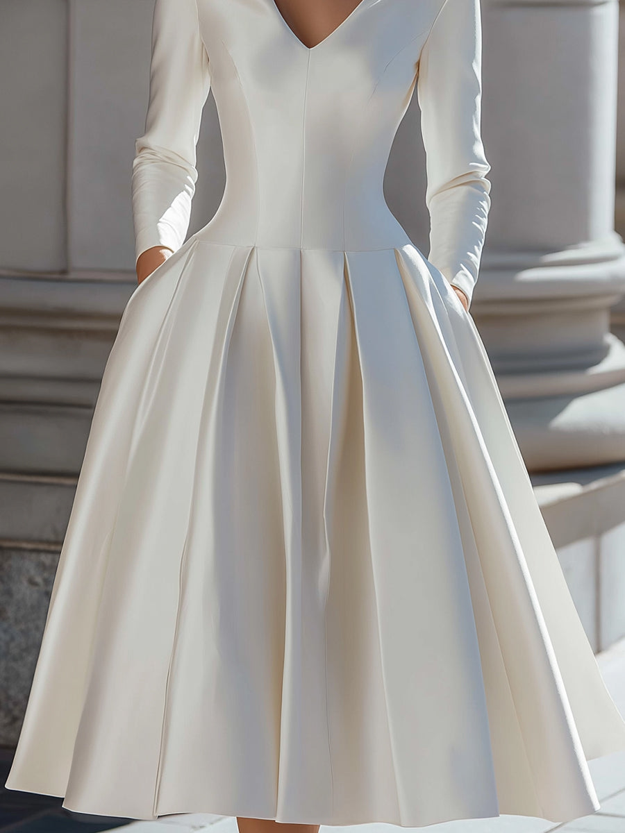 Elegant Silk Midi Dress with V-neck and Pleats