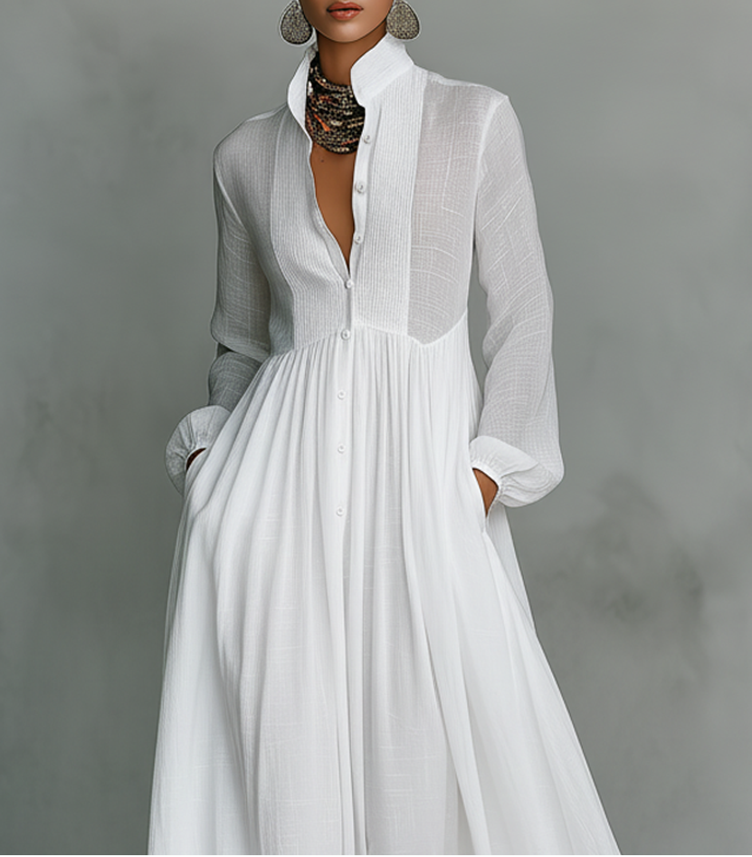Crina | Minimalist Maxi Dress in Cotton and Linen, with Patchwork Pattern, High Neck and Long Sleeves