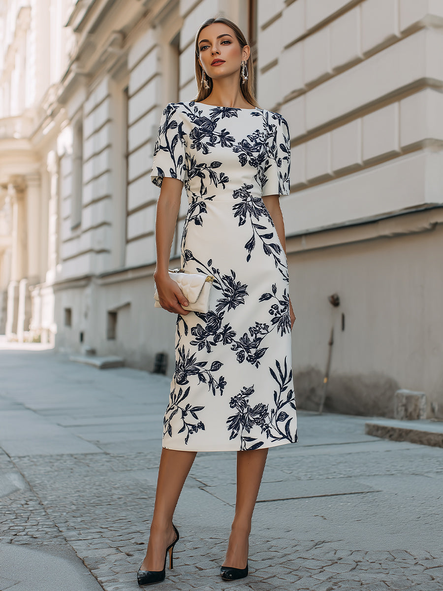 Midi dress with short sleeves and a botanical print