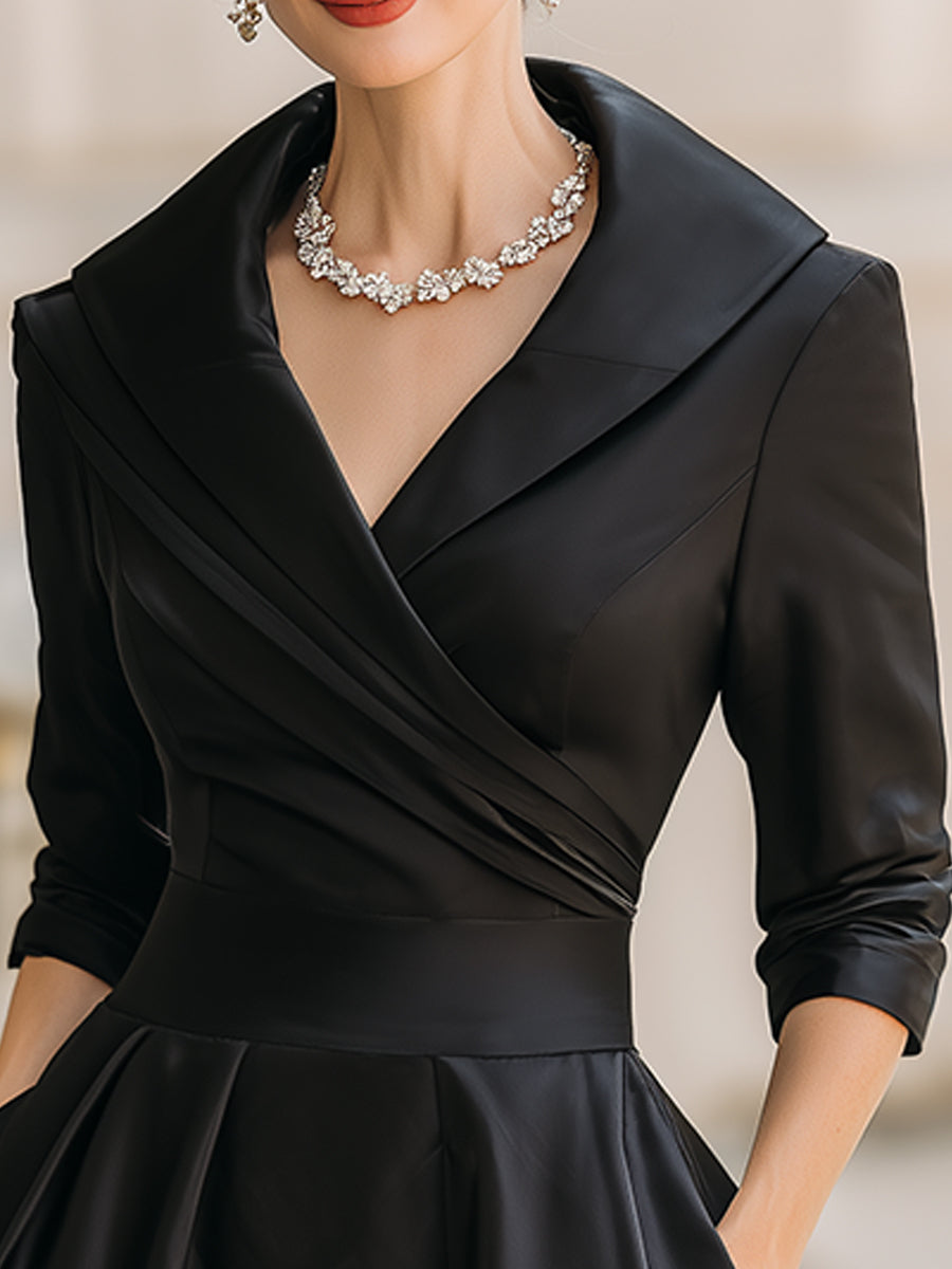 Vintage Style Satin Midi Dress with Ruched Collar