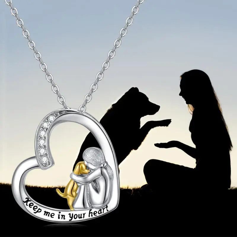 925 Sterling Silver Necklace - Heart and Dog Design with Zirconia
