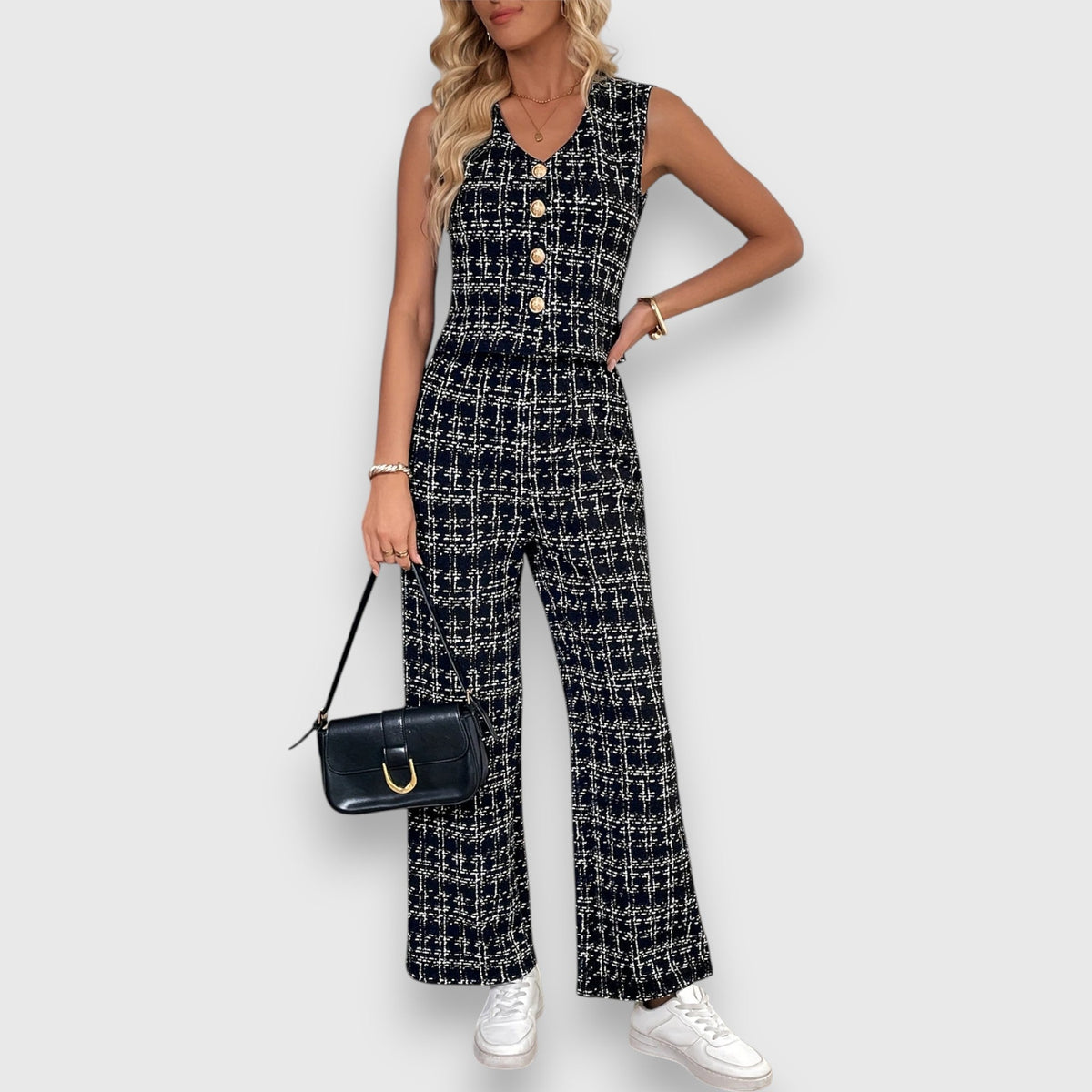 Two piece set with V-neck top and matching trousers