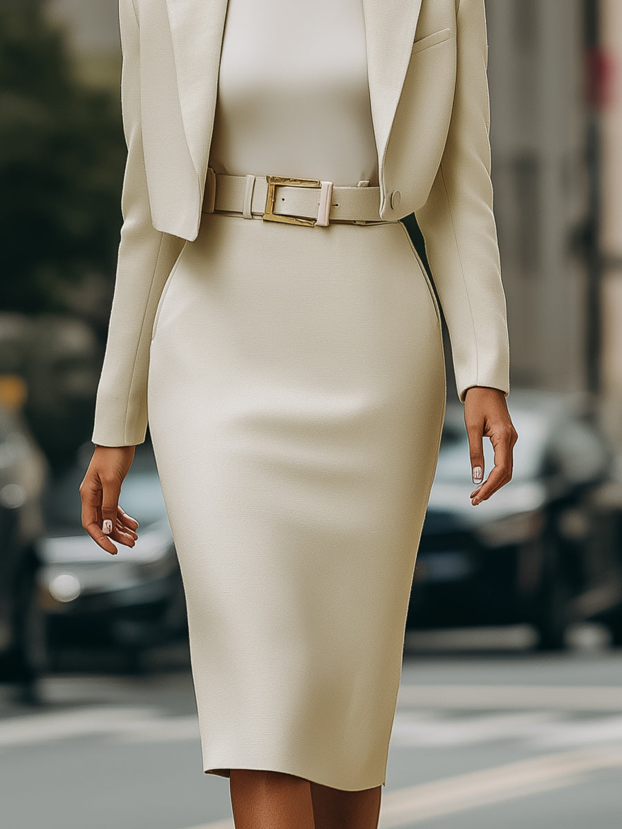 Cream-Coloured Short Blazer and High-Waisted Pencil Skirt with Belt