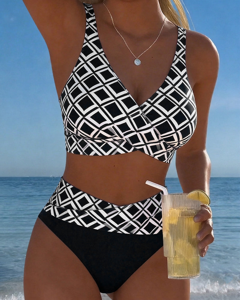 Dóra | Xadrez Mintás Bikini Magas Derekú Sutiánélküli Fazon