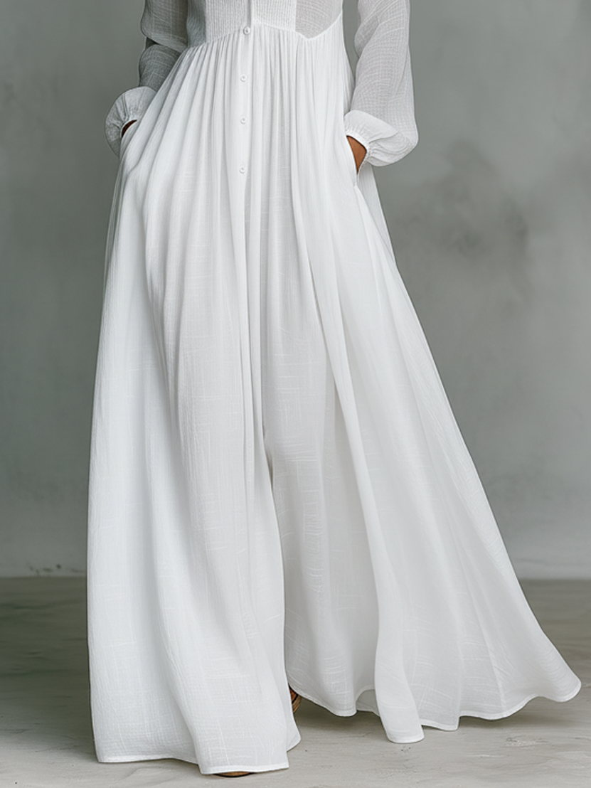 Crina | Minimalist Maxi Dress in Cotton and Linen, with Patchwork Pattern, High Neck and Long Sleeves